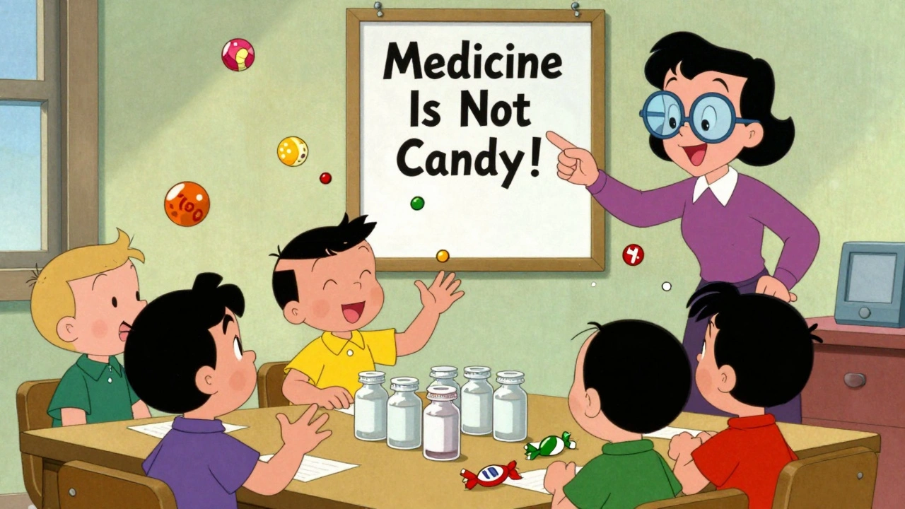 Kids sorting medicine and candy in a classroom with a teacher pointing to a safety poster.