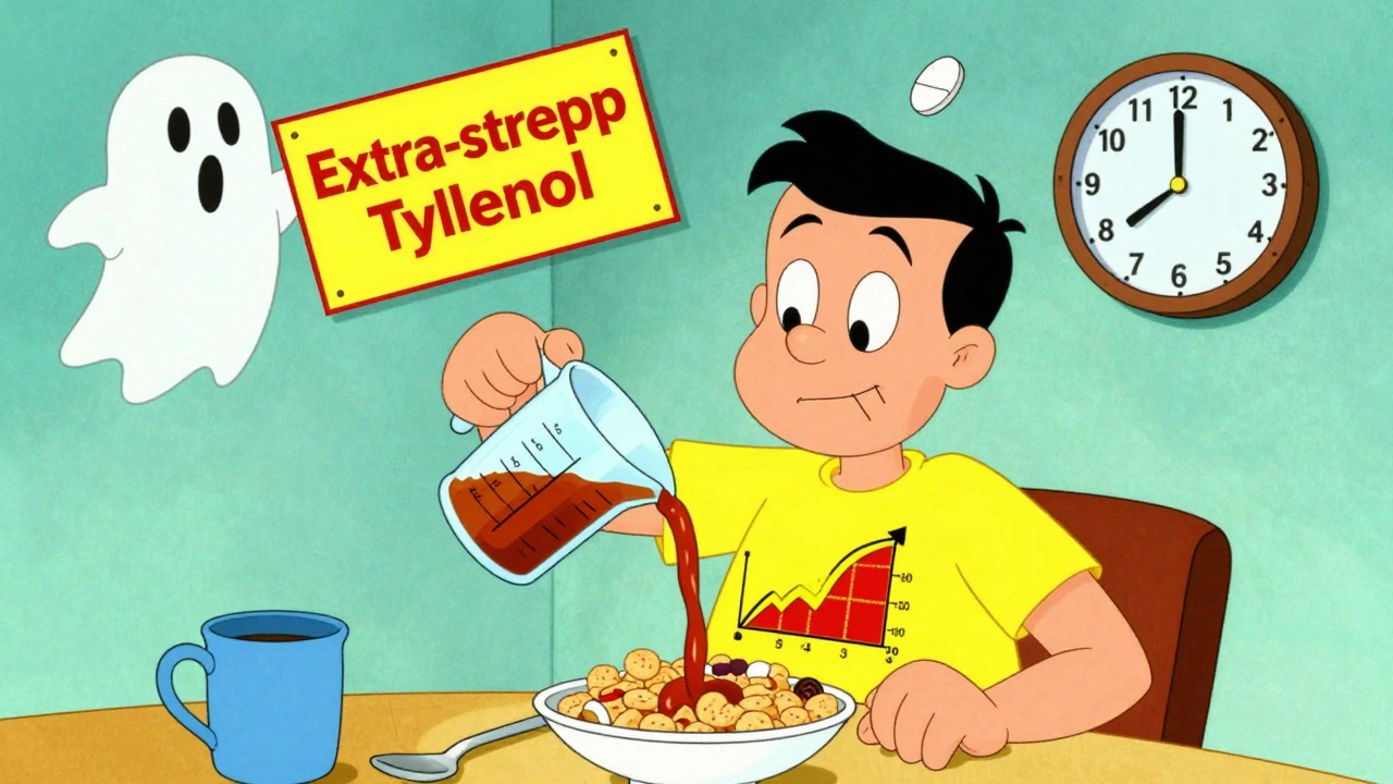 Man taking cold medicine and Tylenol at breakfast, ghostly pill floating above, rising liver enzymes graph bursting from chest.