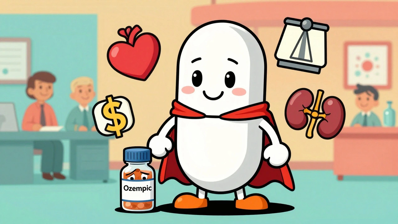 Metformin pill as a superhero beside expensive diabetes drugs, with health icons around.
