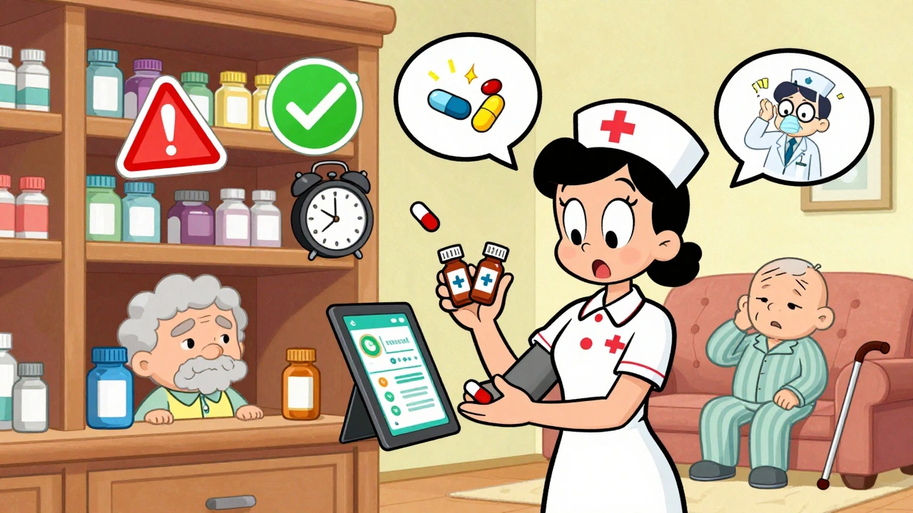 Nurse spots duplicate medication on tablet while senior holds two identical bottles in confusion