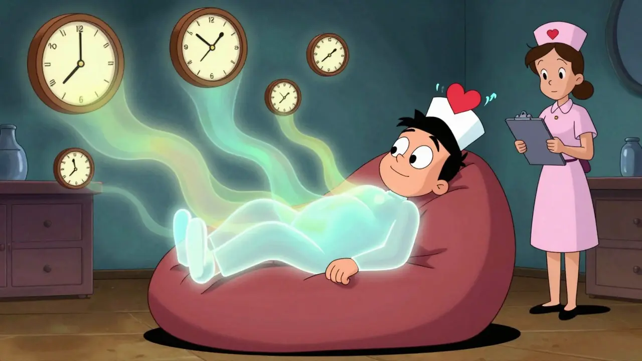 Patient experiencing dissociation with ghostly outline, warped clocks, and calming nurse nearby in retro cartoon style.