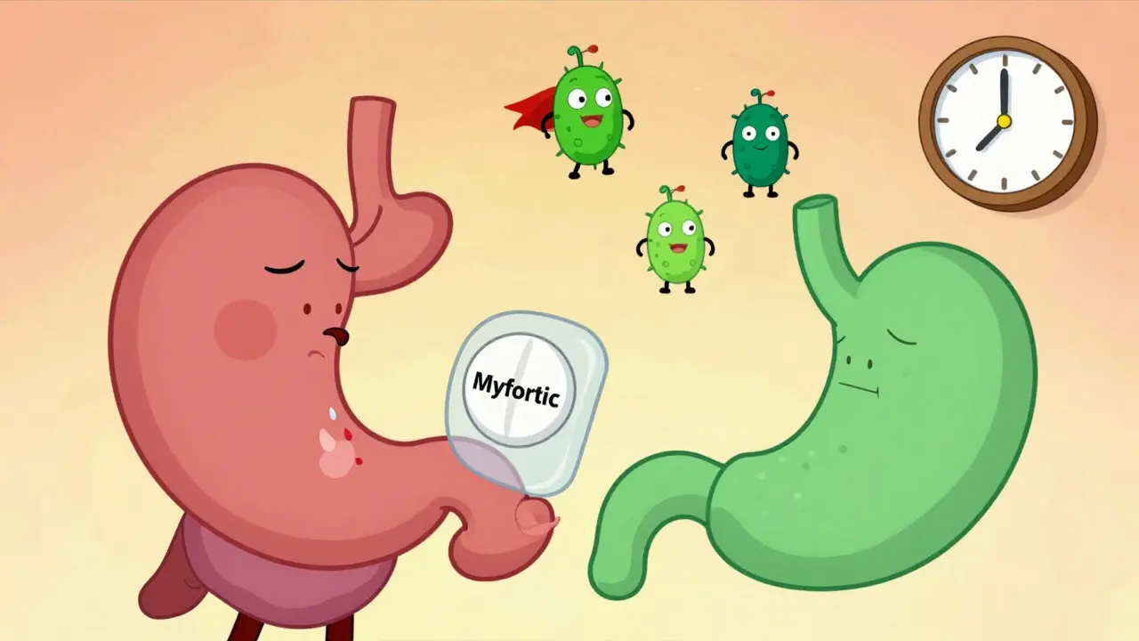 Patient switching from CellCept to Myfortic pill as probiotics rescue the gut, in Hanna-Barbera style.