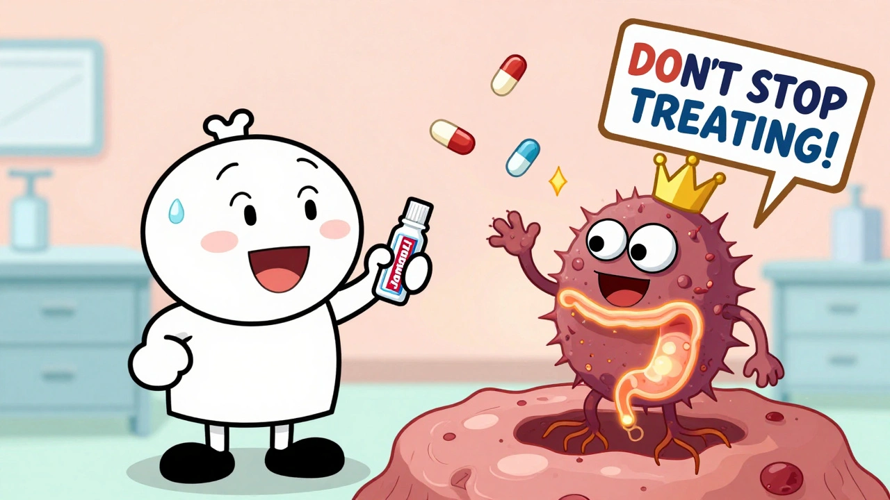 Patient using cream to fight a yeast monster growing inside a glowing body, pills floating nearby.