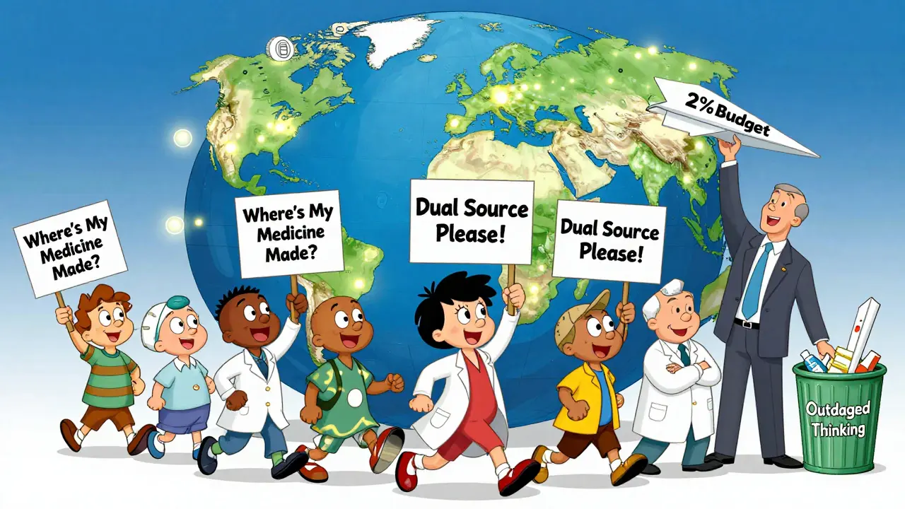 Patients and doctors march toward a globe with regional drug manufacturing hubs lighting up.