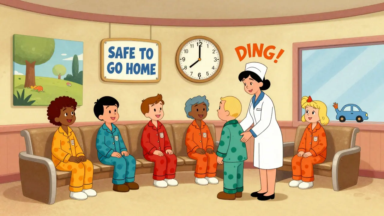 Patients waiting in a cheerful clinic, one being cleared to leave as clock hits two hours, with happy mural backdrop.