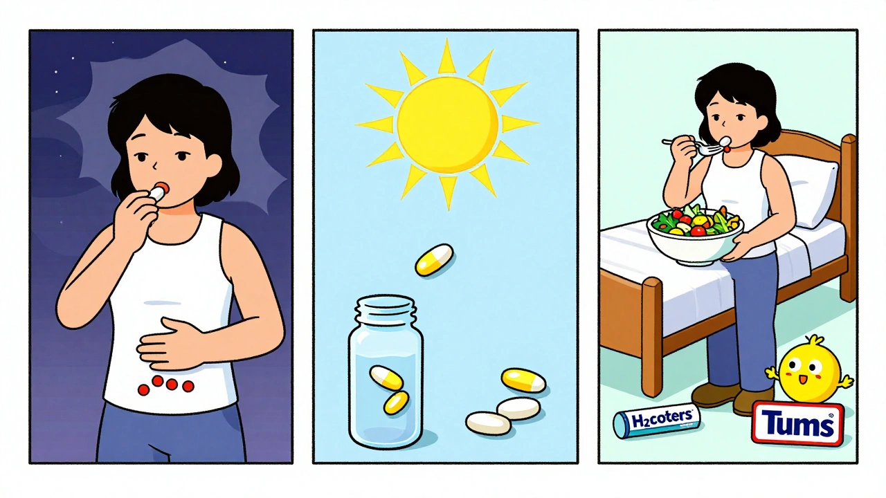 Person tapering off PPIs with friendly antacid sidekicks and elevated bed.