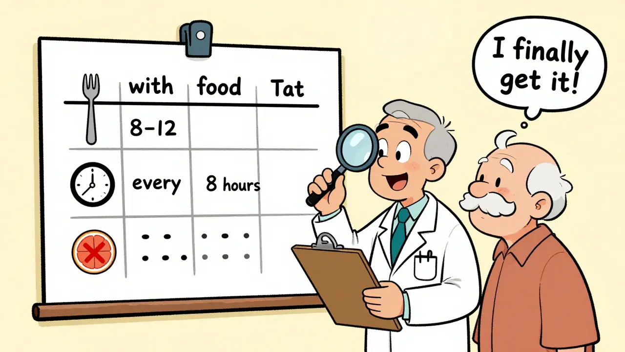 Pharmacist and senior patient reviewing illustrated medication schedule with food, time, and warning icons.