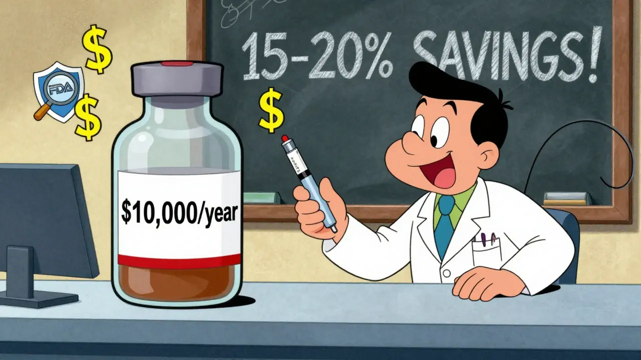 Pharmacist giving a biosimilar insulin pen while a huge expensive brand-name vial looms behind.