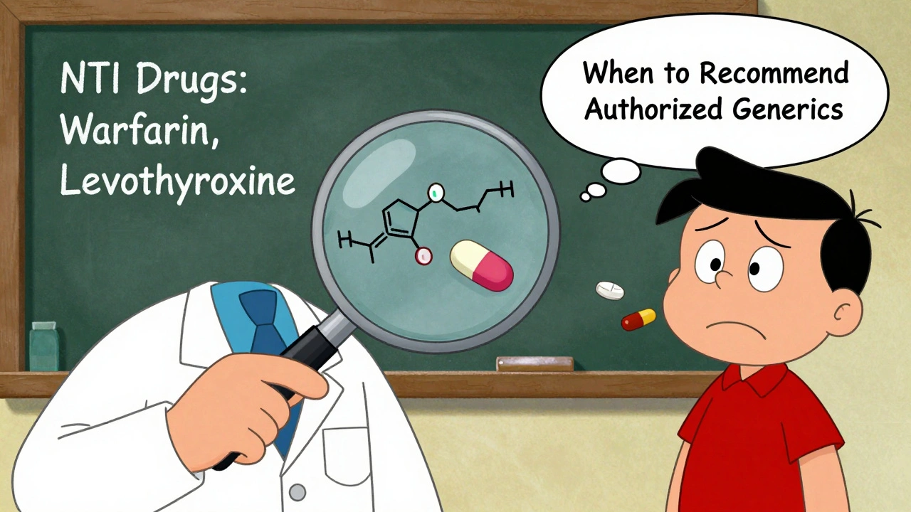 Pharmacist using a magnifying glass to show identical pill contents inside brand and authorized generic pills.