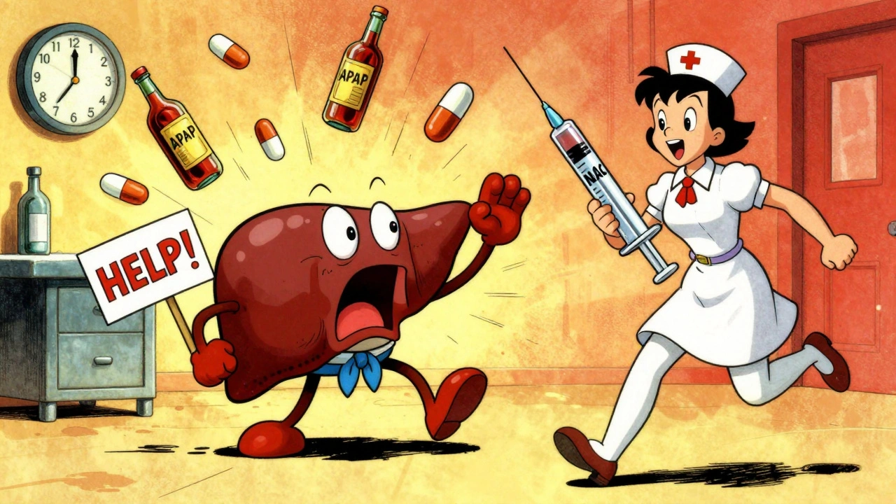 Screaming cartoon liver surrounded by pills and alcohol bottles, nurse rushing with giant NAC syringe, clock ticking past 8 hours.