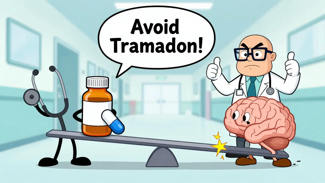 Seesaw with tramadol pill crushing a brain while safer meds cheer from side