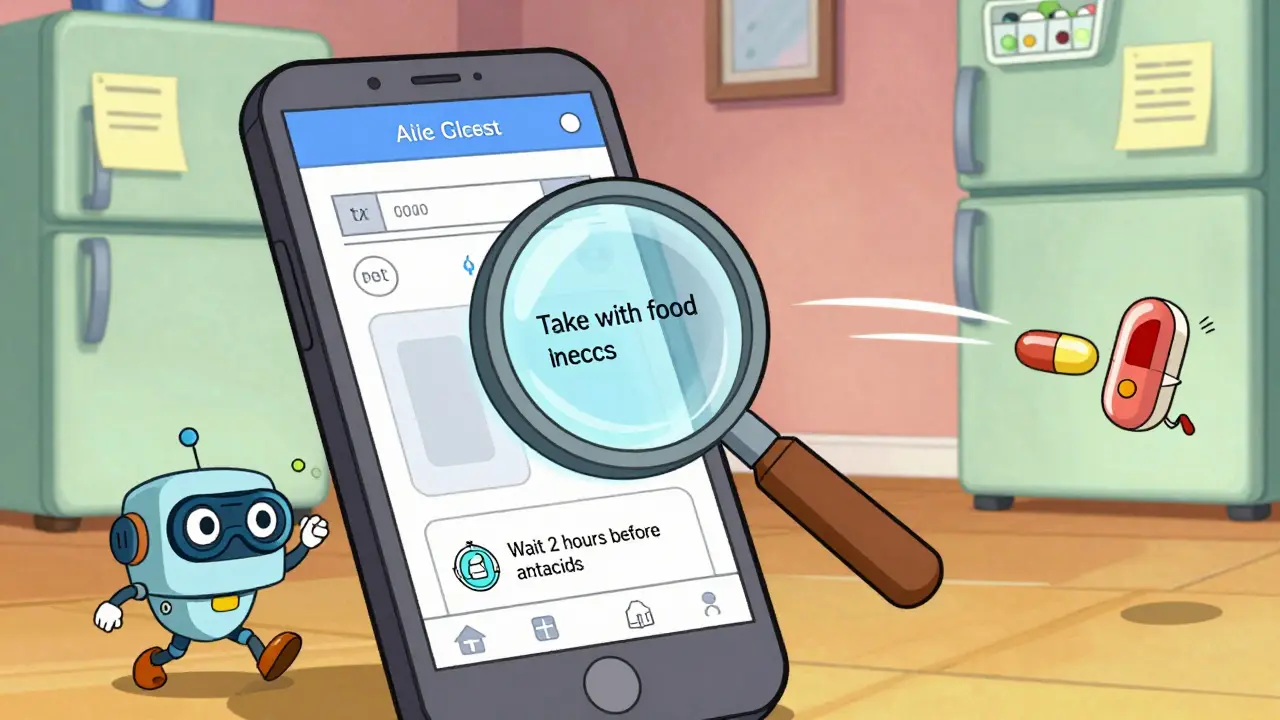 Smartphone scanning prescription label with AI robot analyzing text, pills running from conflicting reminders.