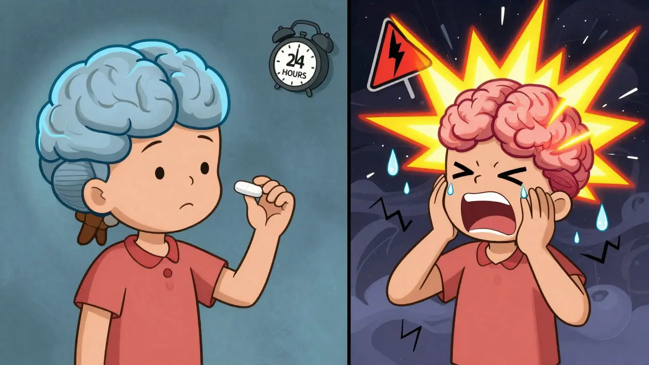 Split cartoon scene: calm brain vs. epileptic seizure with lightning explosion