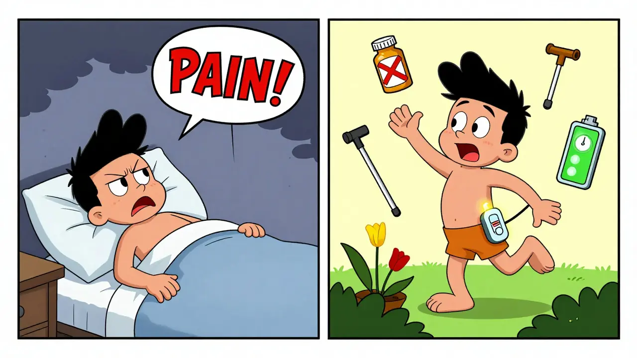 Split cartoon scene: patient in pain vs. patient gardening with stimulator glowing.