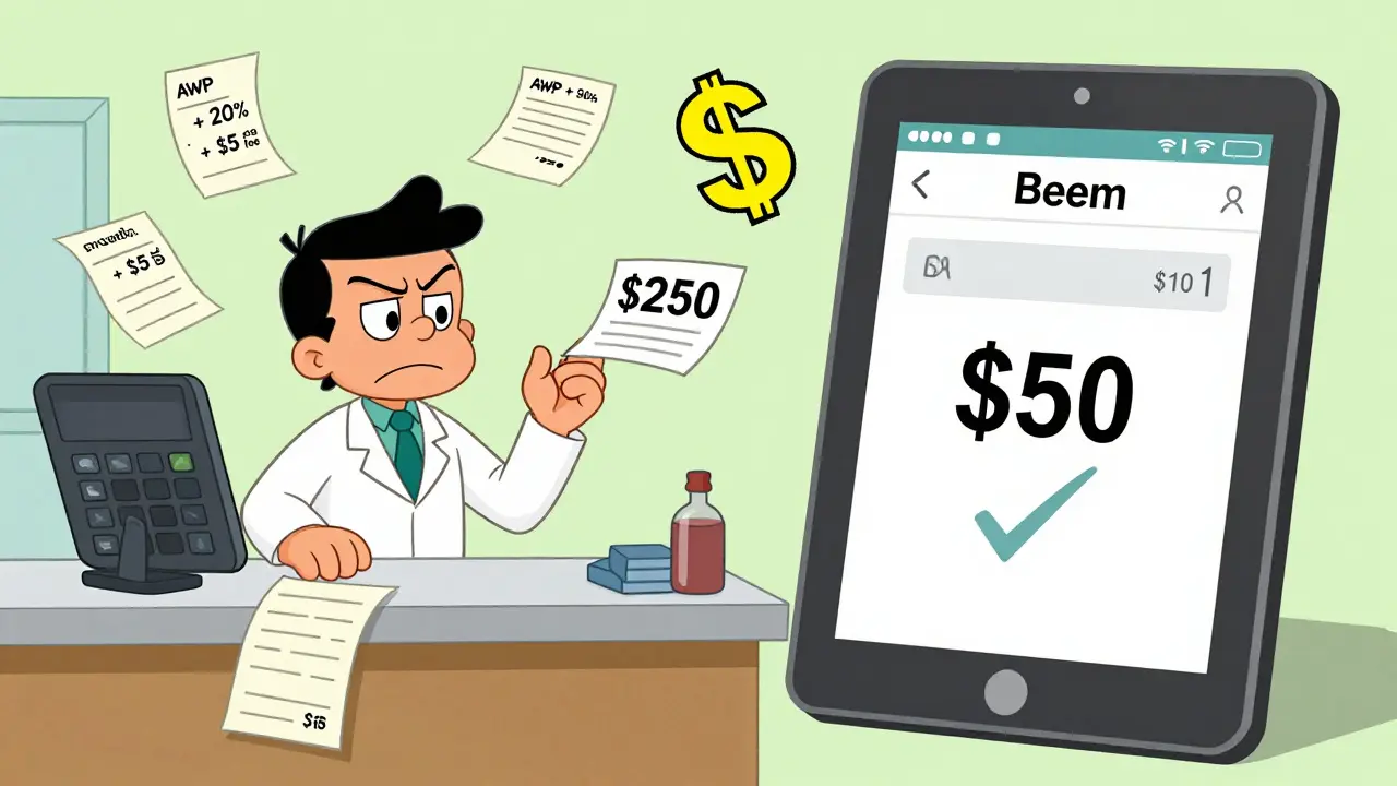 Split scene: messy pharmacy with inflated prices vs. clean digital screen showing  for Lipitor.