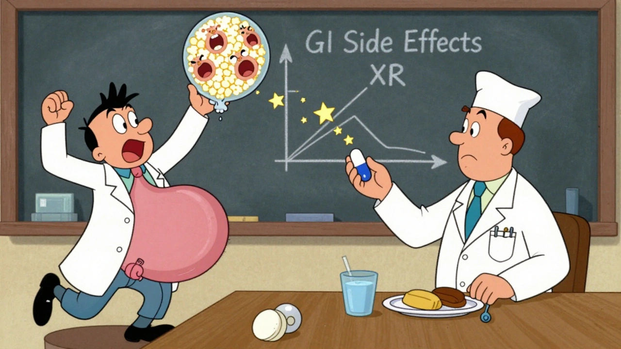 Split-screen cartoon: chaotic IR pill intake vs calm XR pill intake with food, in classic 1960s animation style.