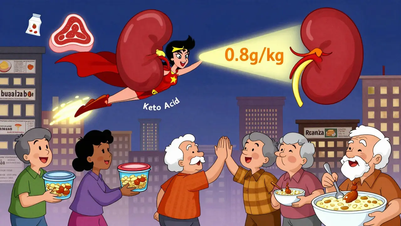 Superheroine fighting urea monsters with a keto acid cape while patients celebrate with meal prep.