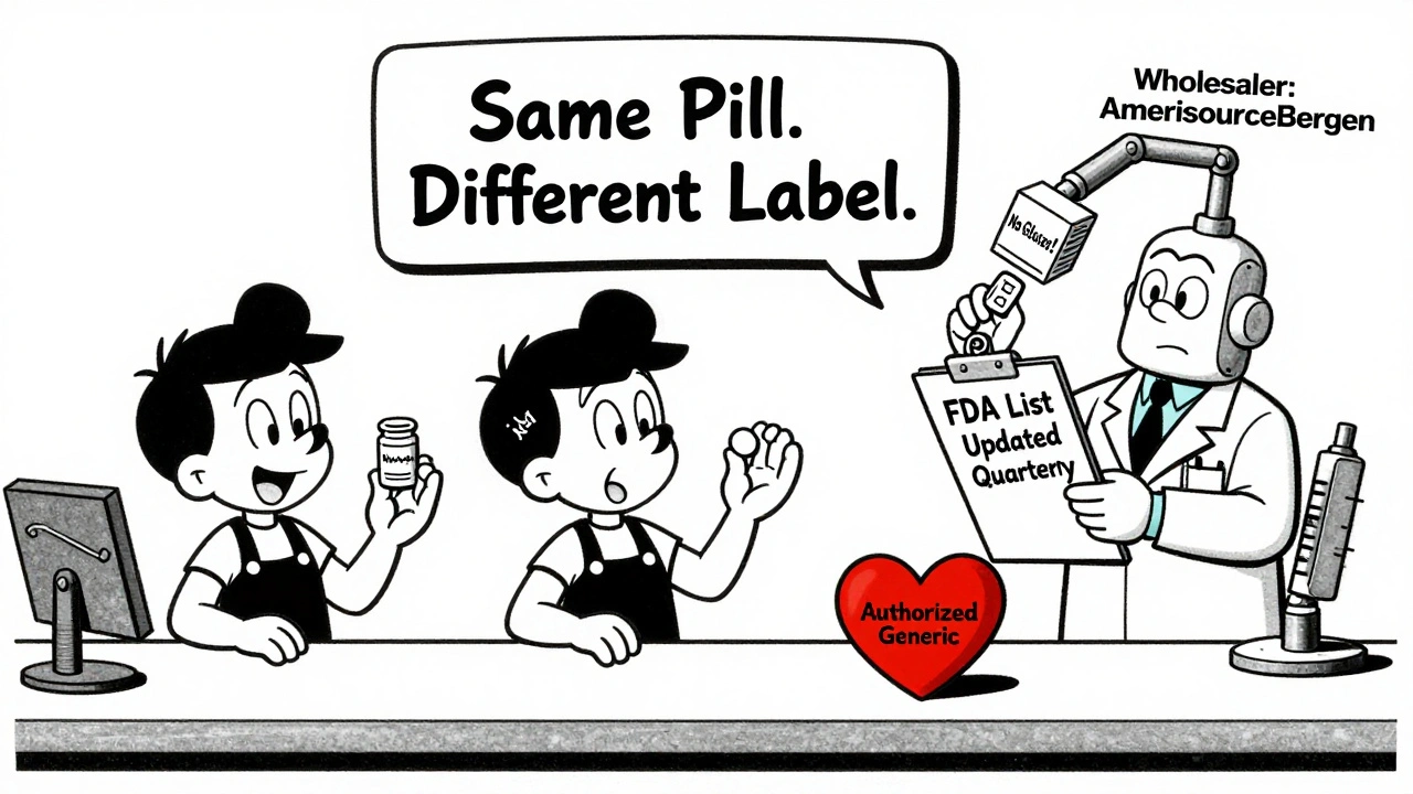 Three patients in a pharmacy, each benefiting from authorized generics, with a floating sign saying &#039;Same Pill. Different Label.&#039;