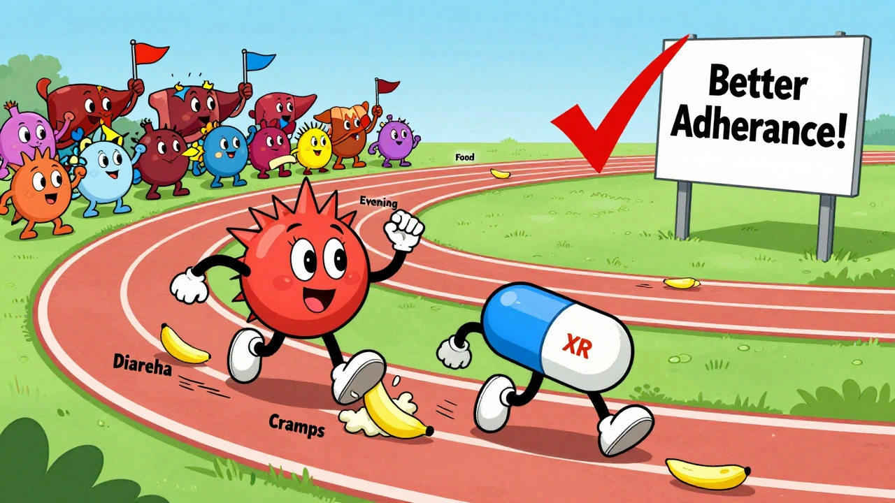 Two pill characters racing through an intestine track, with IR stumbling and XR smoothly winning in Hanna-Barbera style.