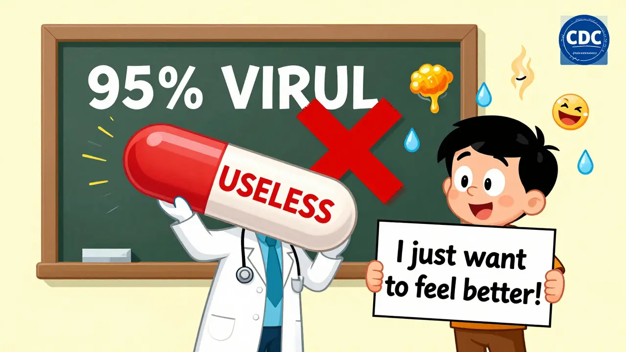 A doctor holding a useless antibiotic pill while a patient holds a sign, with honey and steam icons floating nearby.