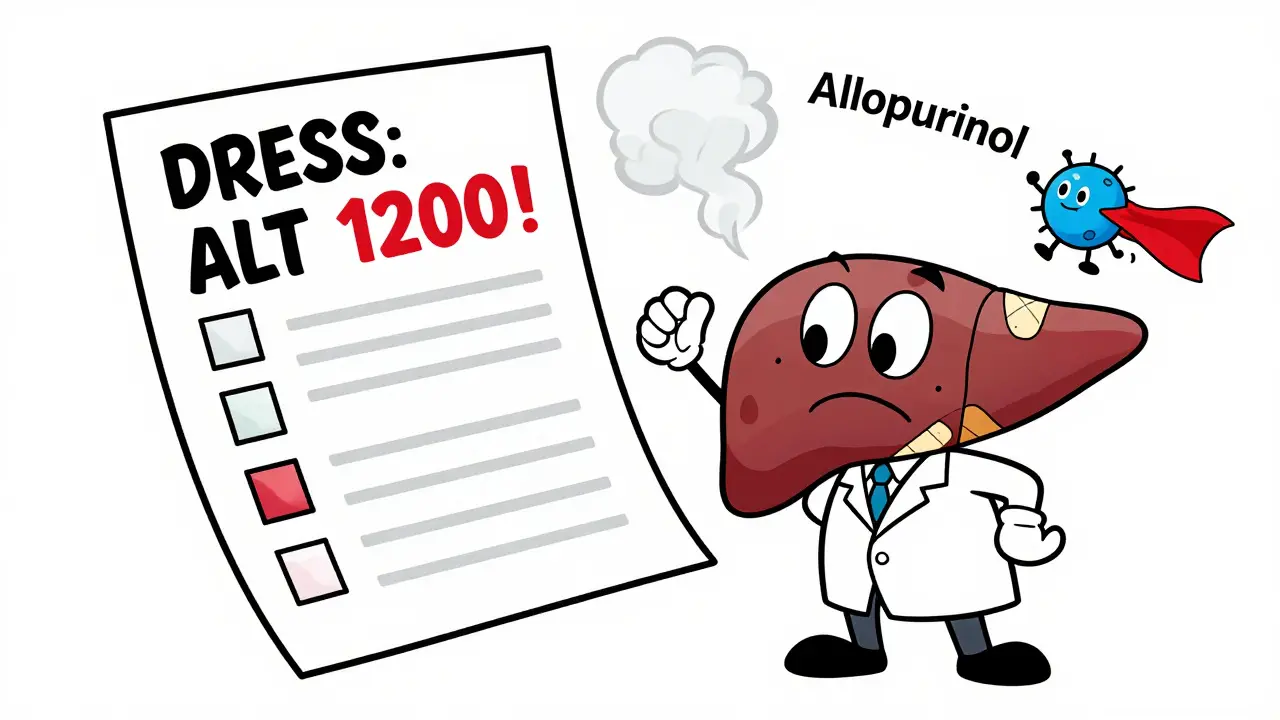 A doctor shocked by a giant blood test showing high liver enzymes, with a frowning cartoon liver and a superhero T-cell.