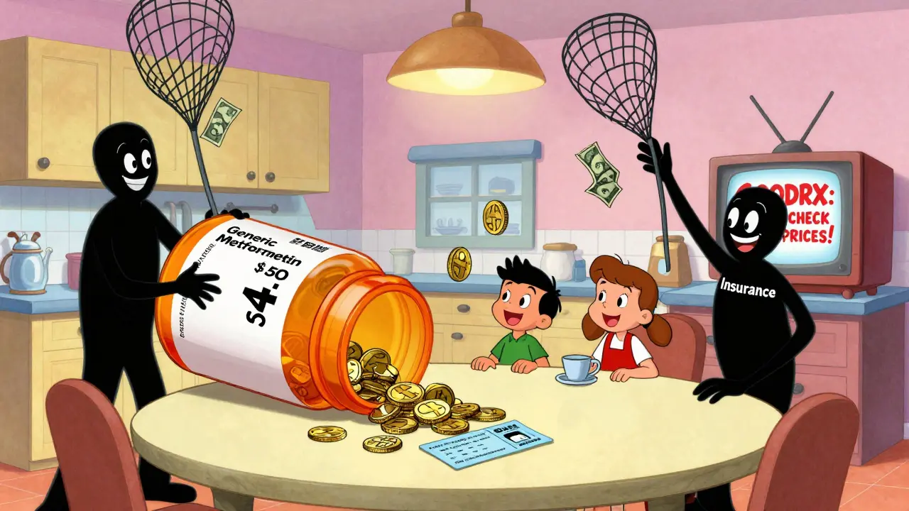 A family celebrates savings from a cheap generic pill, while shadowy figures try to take the money away.