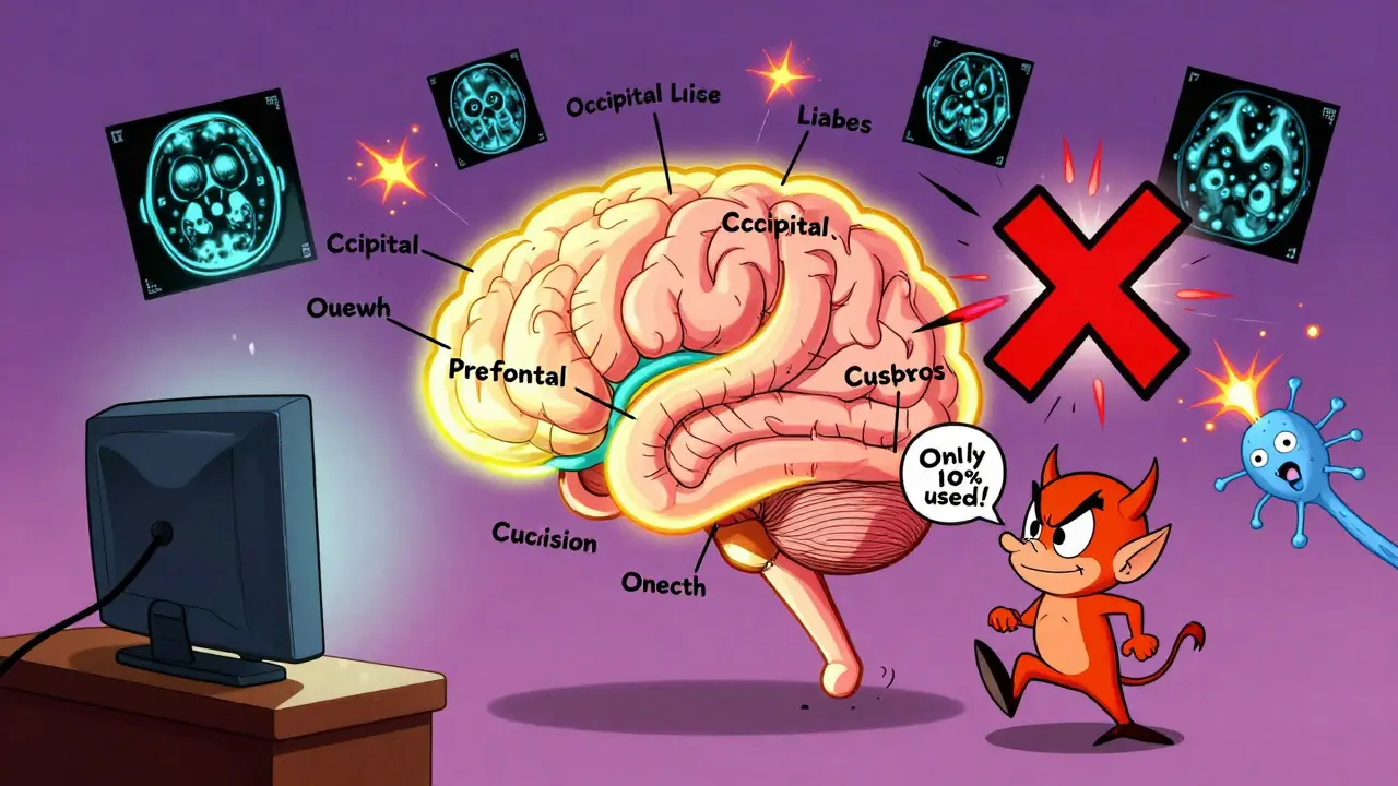 A glowing brain with active regions, a devil whispering '10% used!' as a giant X destroys the myth, in Hanna-Barbera style.