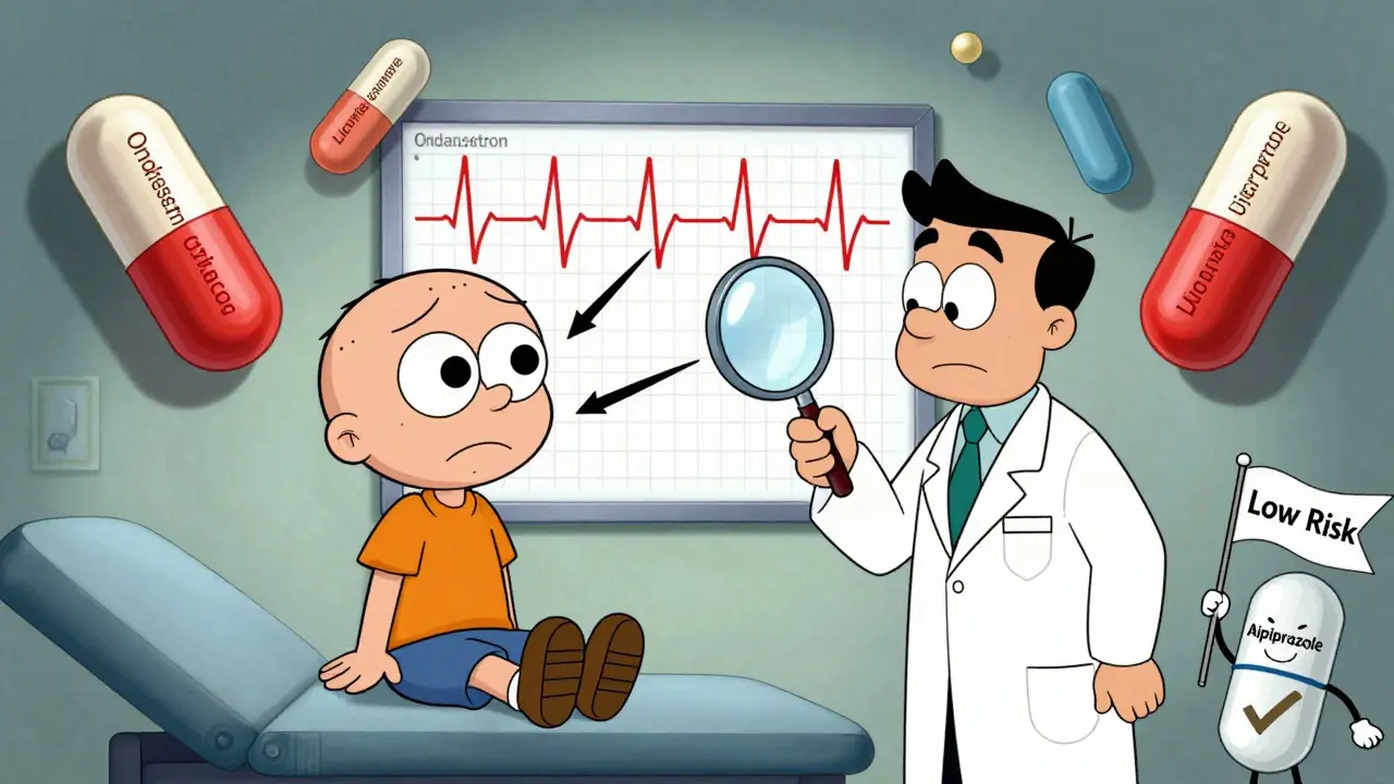A patient and doctor examining a long QT interval on an ECG, with risky medications floating nearby.