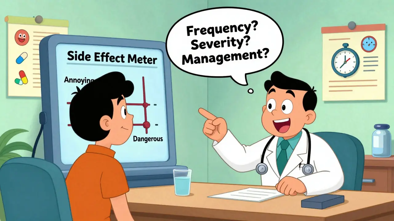 A patient and doctor interacting with a humorous side effect meter showing annoying vs. dangerous symptoms.
