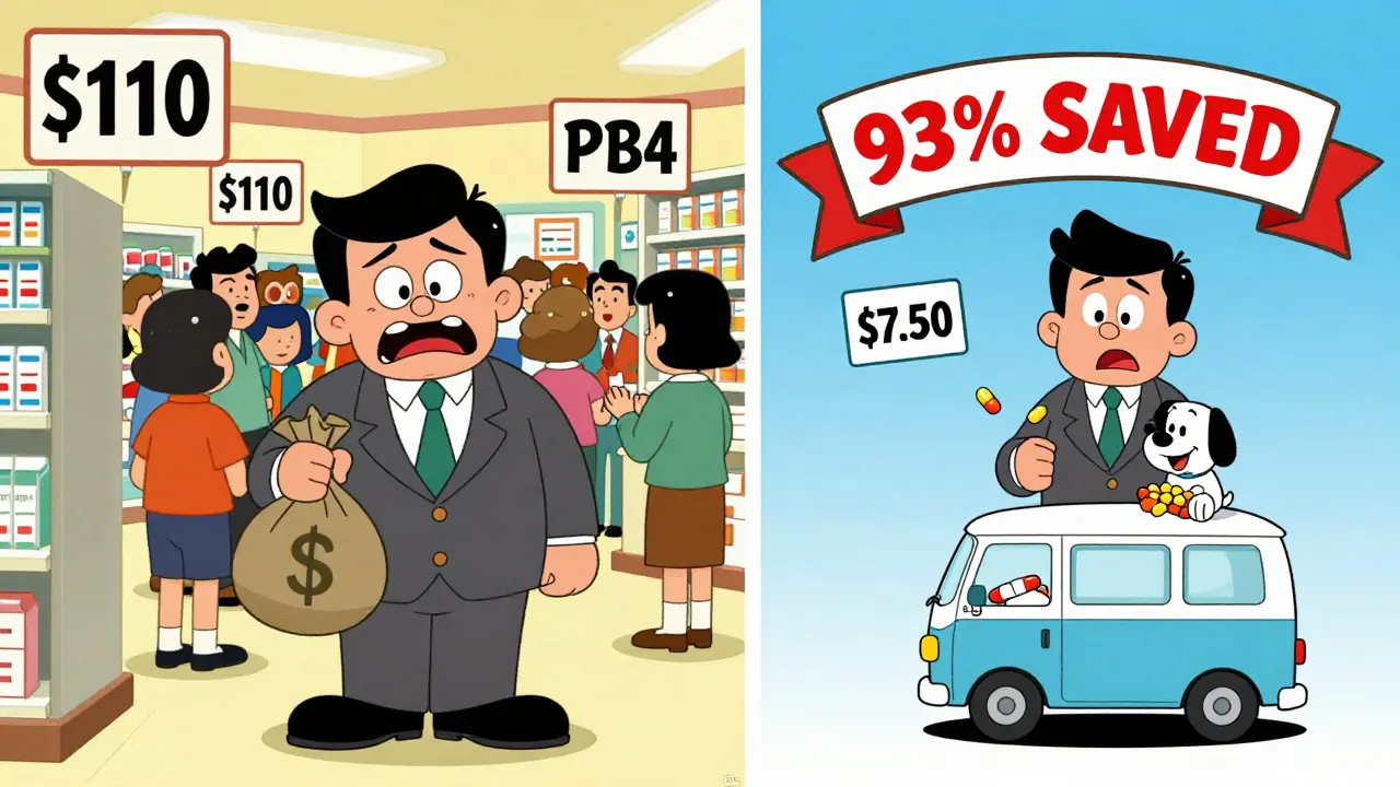 A patient at a crowded pharmacy with high prices vs. a simple online pharmacy with a low price and happy delivery.