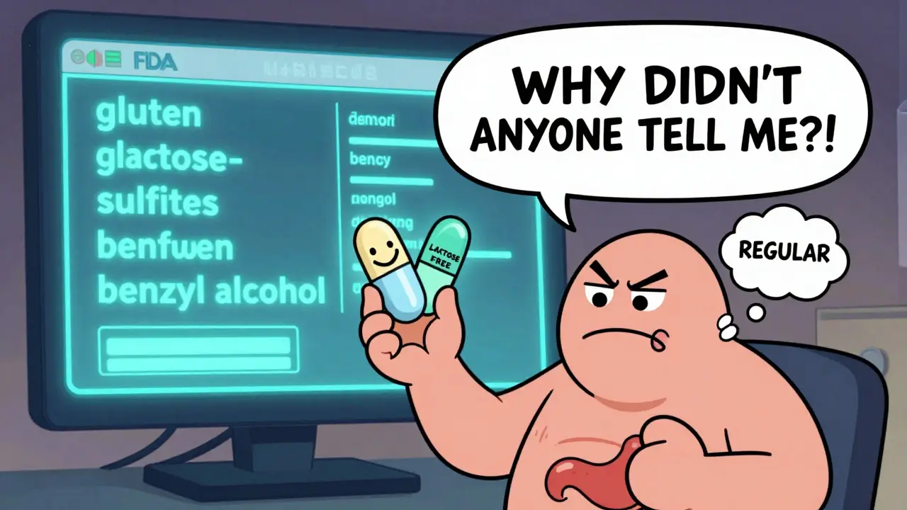 A patient holding two pills — one causing gas, one safe — with a surprised thought bubble about hidden ingredients.