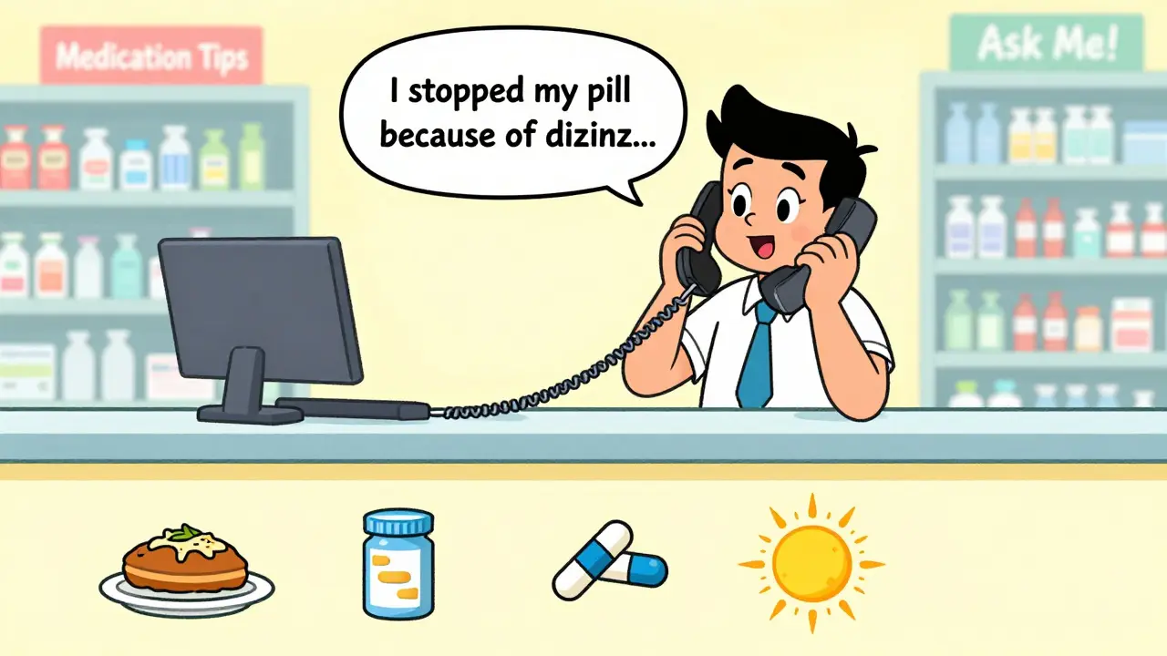 A patient talking to a pharmacist about dizziness, with a timeline showing how taking pills with breakfast helped.