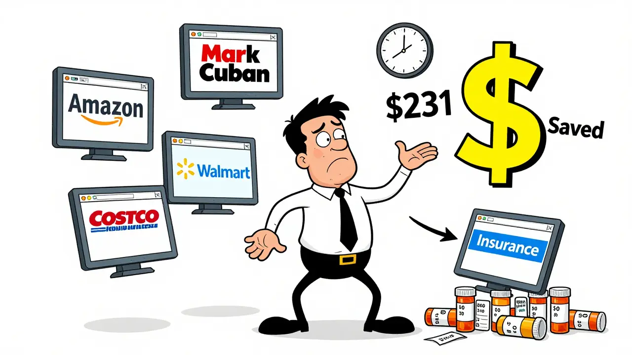 A person overwhelmed by multiple pharmacy websites, with a large savings tag floating above.