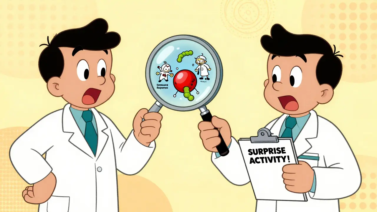 A pharmacist using a magnifying glass to reveal tiny scientists discovering unexpected biological activity in a pill's ingredients.