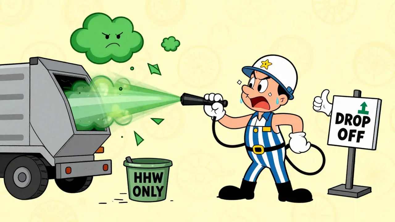 A sanitation worker faces an exploding inhaler in a compactor, with a pharmacist pointing to a safe drop-off.