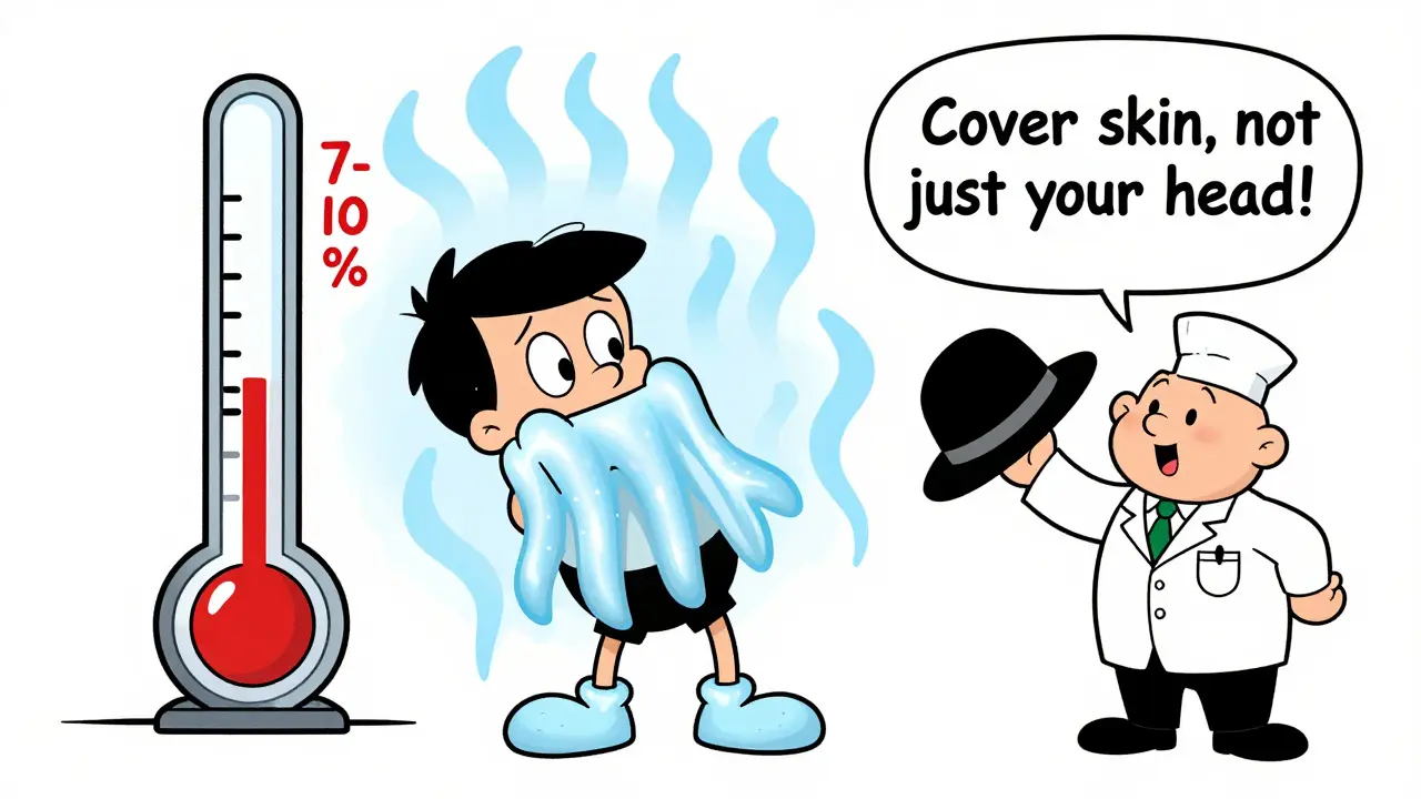 A shivering person with equal heat loss from head, arm, and foot, a thermometer showing 7-10%, in classic cartoon style.