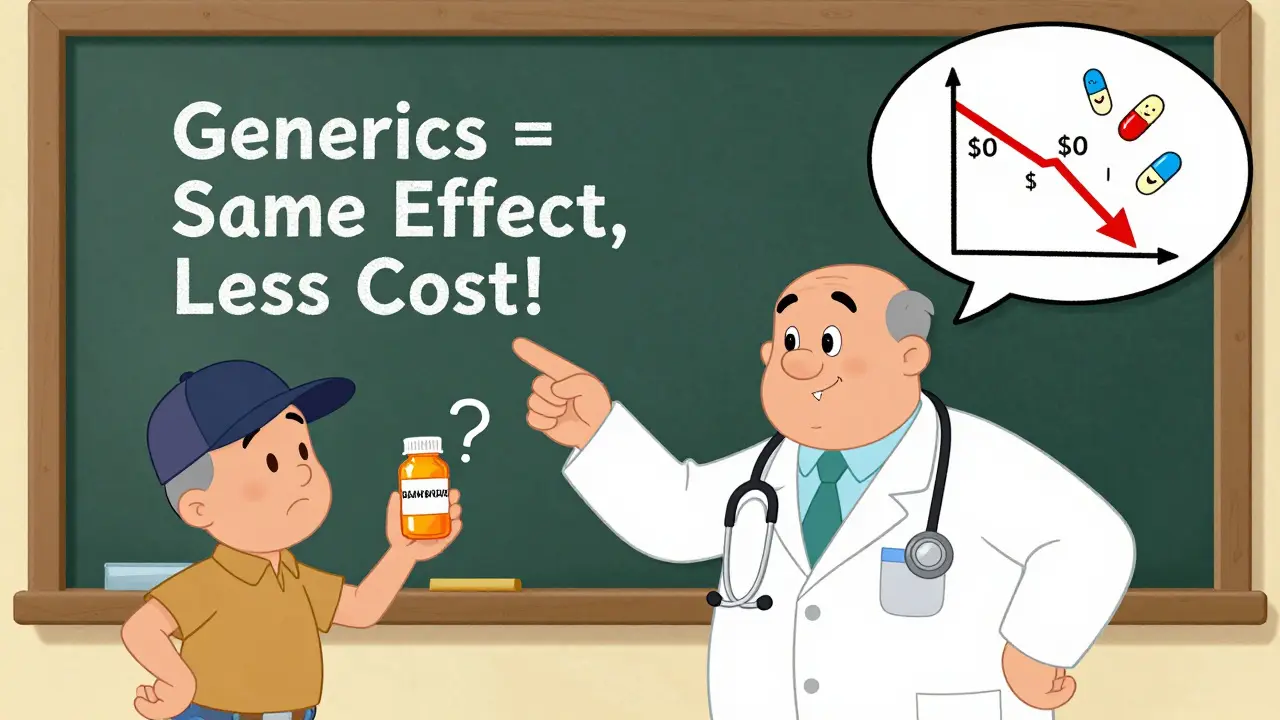 A VA pharmacist explains generics to a veteran using a chalkboard with a cost-saving graph.