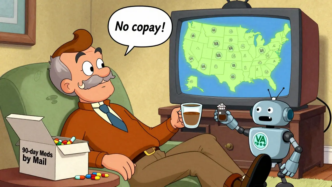 A veteran receives Meds by Mail pills at home as a friendly robot arm delivers coffee.