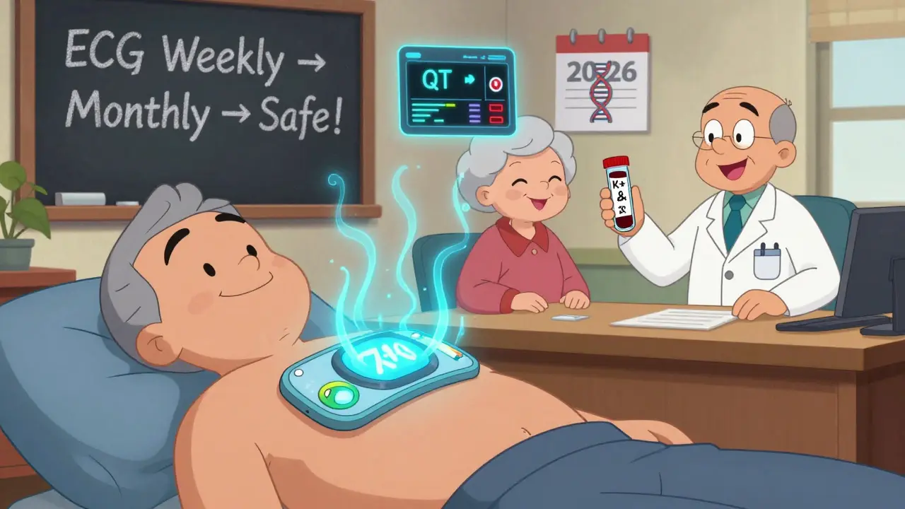 A wearable ECG patch monitoring heart rhythm, with blood test vials and a calendar showing future safety improvements.