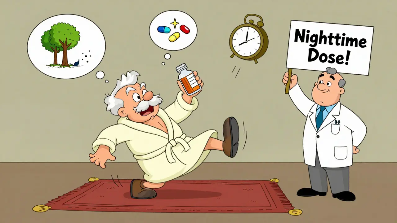 An elderly man tripping over a rug while medicine bottles float around him, with a doctor suggesting nighttime dosing.