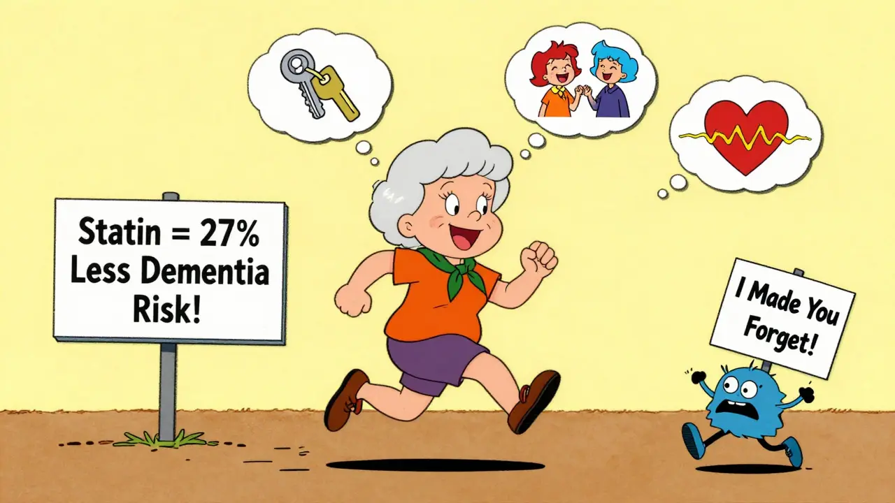 An elderly woman jogging happily with brain health benefits shown in thought bubbles, nocebo monster running away.