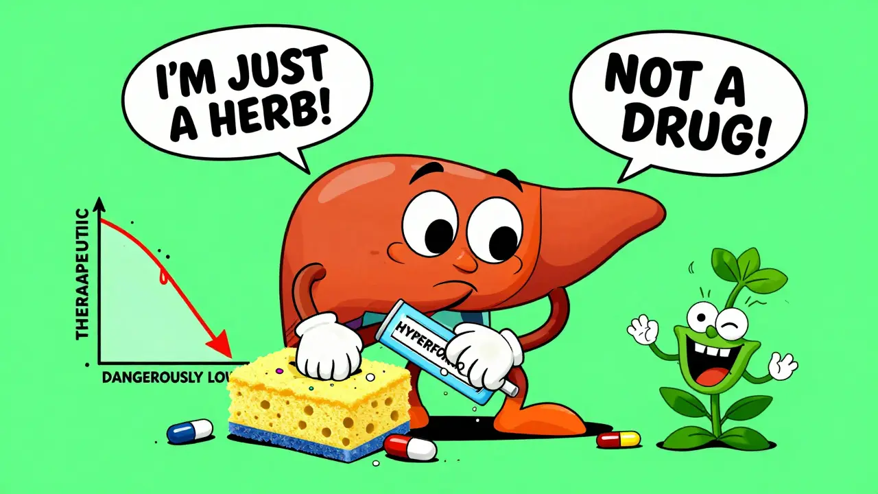Cartoon liver scrubbing away medications as a smiling St. John’s Wort plant laughs