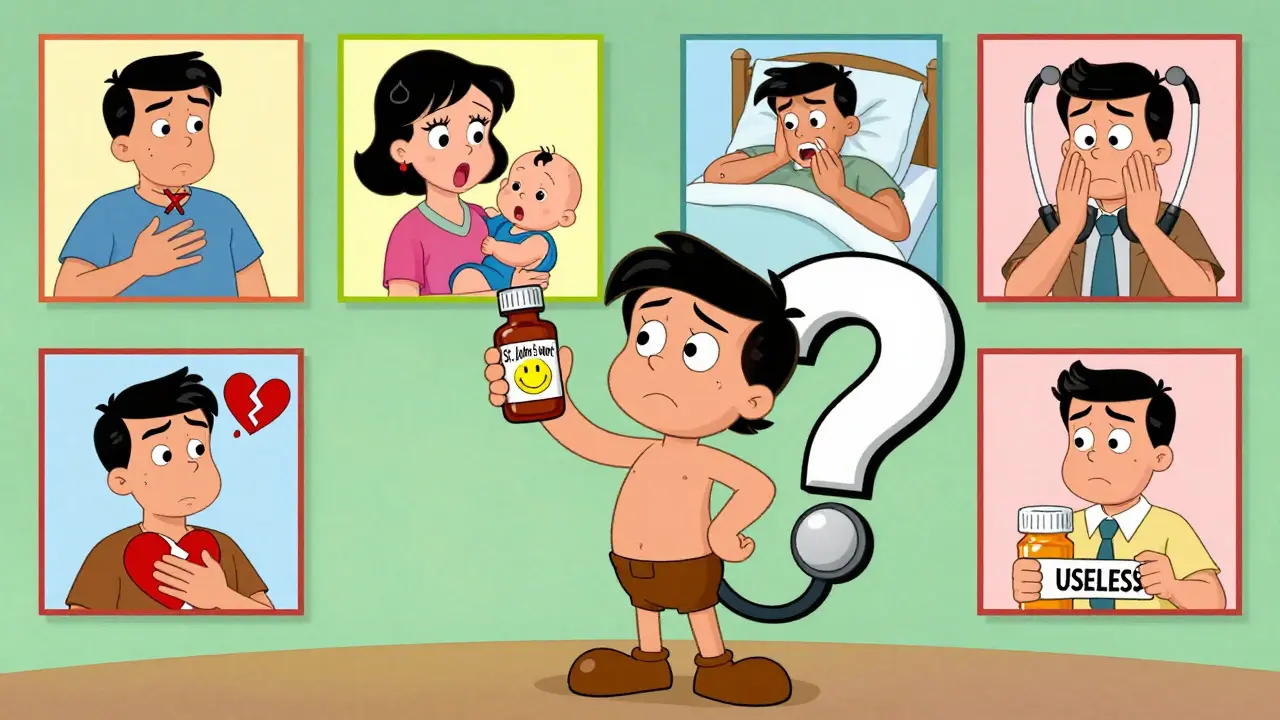 Confused patient holding St. John’s Wort while six medical disasters float around him