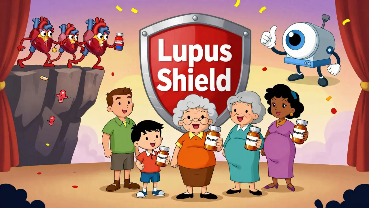 Diverse group of lupus patients holding Plaquenil bottles, protected by a giant shield as dangers fall away