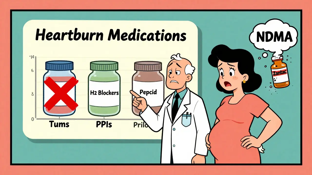 Doctor explaining heartburn meds with jars and a banned Zantac bottle emitting smoke.
