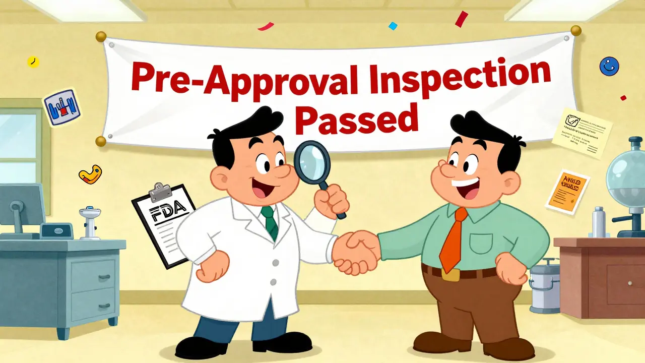 FDA inspector and manager shake hands with celebration icons floating in the air.