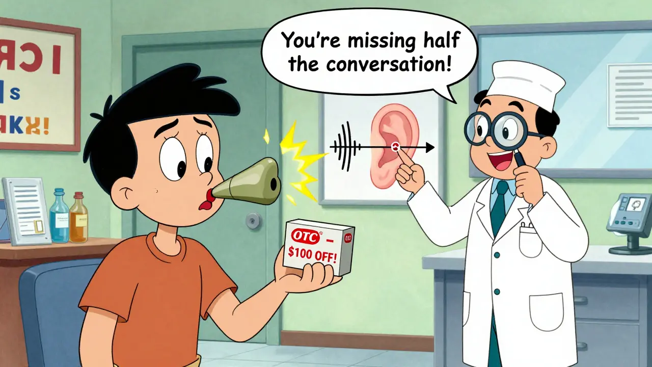 Patient holding OTC hearing aid as it whistles wildly, while a professional shows correct fitting on a diagram.