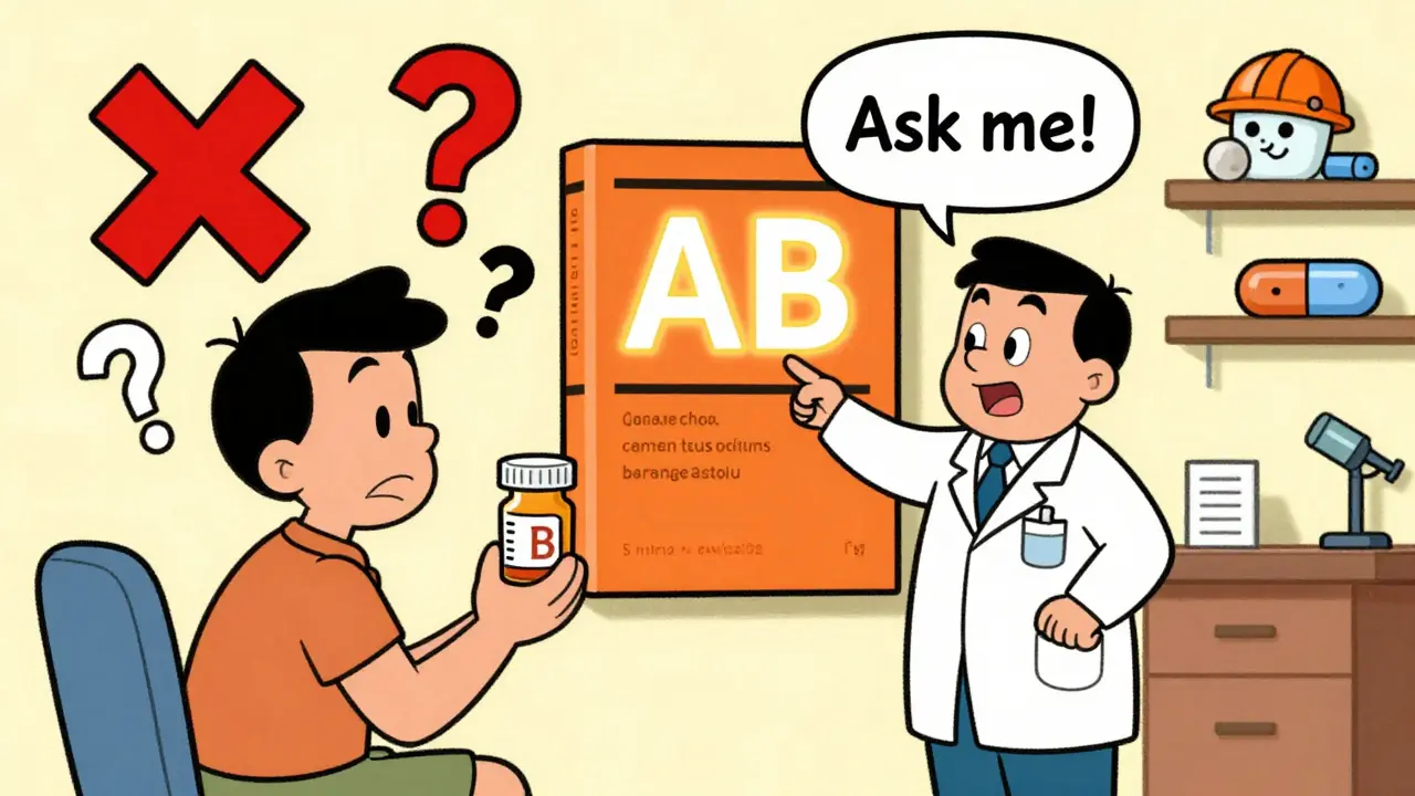 Patient holds a B-rated pill while doctor points to AB rating on a giant Orange Book.