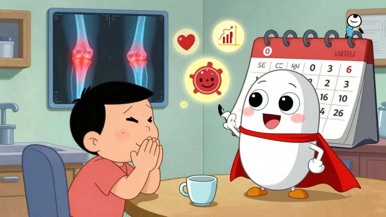 Patient relieved at breakfast, with a smiling pill helping fade joint inflammation on an X-ray