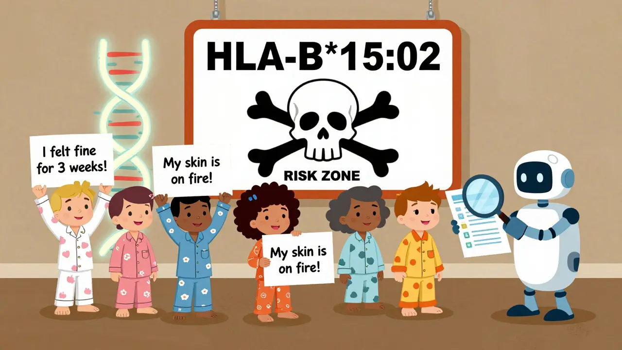 Patients holding signs about delayed reactions, a skull warning sign, and a glowing DNA strand scanned by an AI robot.